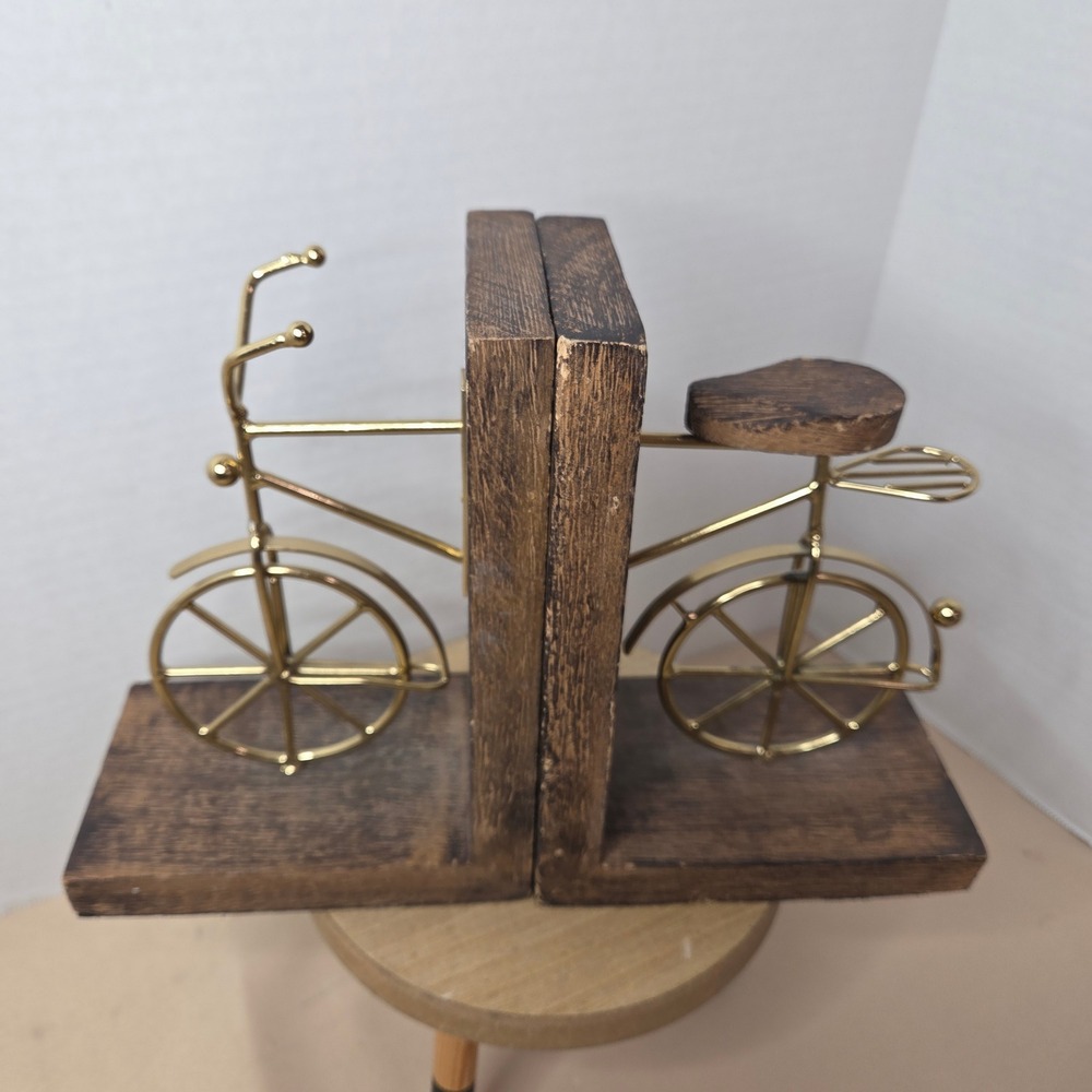 Vintage Bicycle Bookends Wood and Gold Tone Metal Bike Distressed Felt‎ Bottom